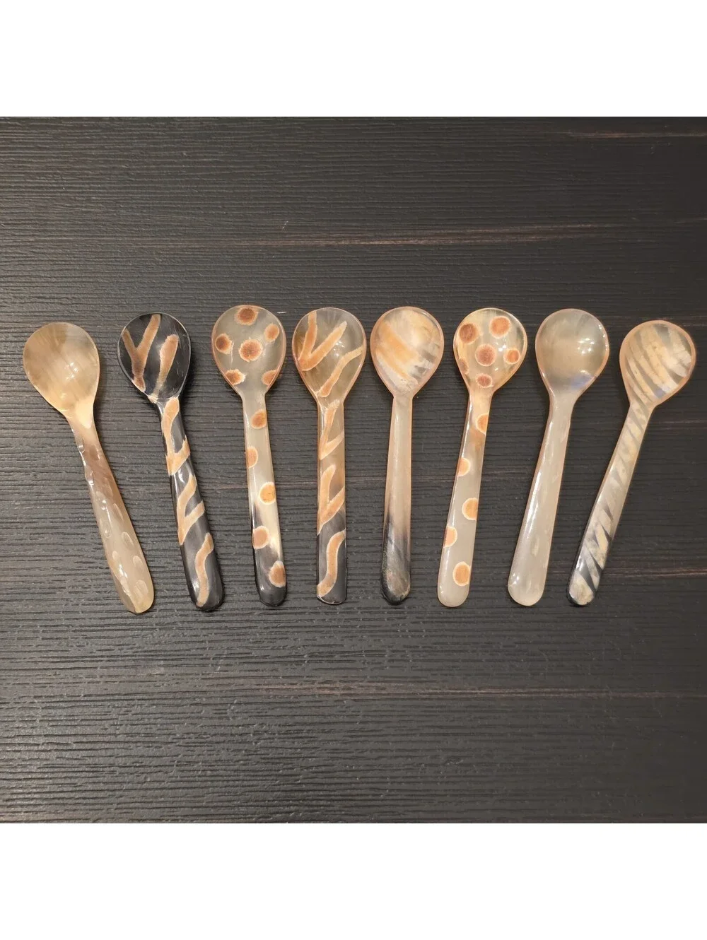 Vintage Hand Carved Natural Horn Spoon Lot of 8 Salt Caviar Condiment Tasting